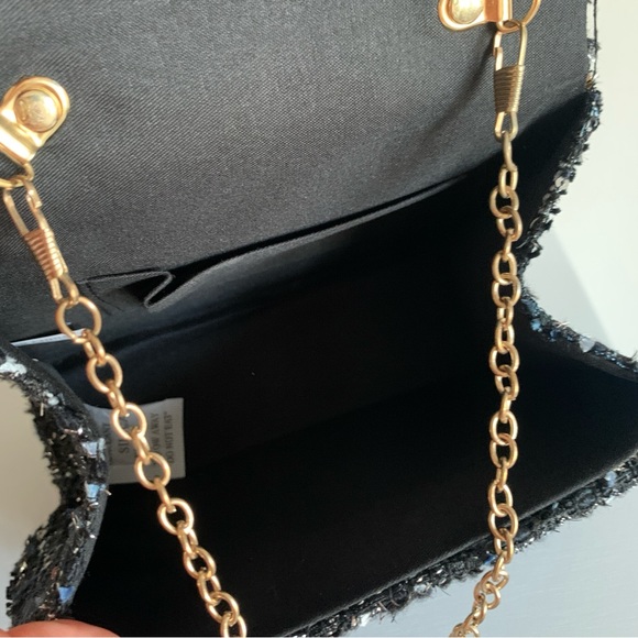 Mini Tweed Blue Black White Fabric Gold Chain Link Shoulder Handbag - Picture 13 of 14
